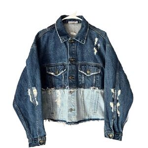Carmar Oversized Color Block Two Tone Womens Distressed Denim Jean Jacket Blue S
